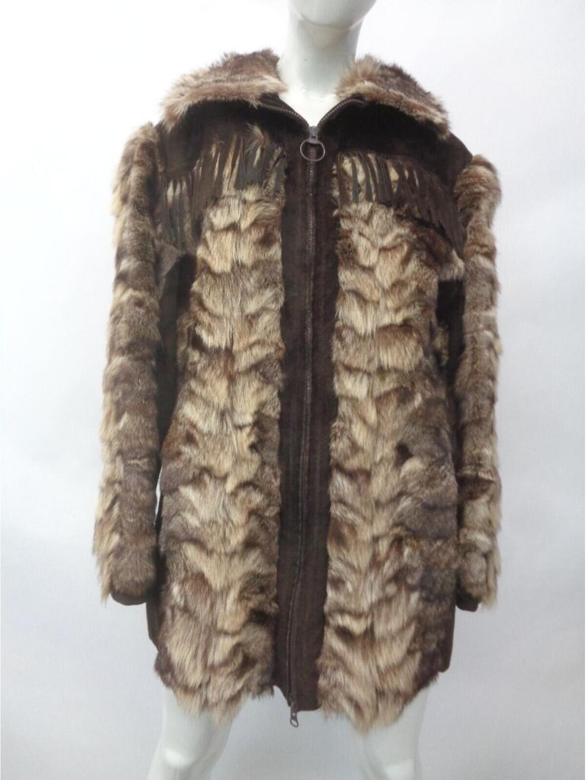 Excellent Raccoon Fur & Suede Fringes Coat Jacket Women Woman Size 6 Small
